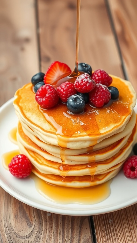 Fluffy Dairy-Free Pancakes Recipe A stack of fluffy pancakes with berries and maple syrup on a rustic table.